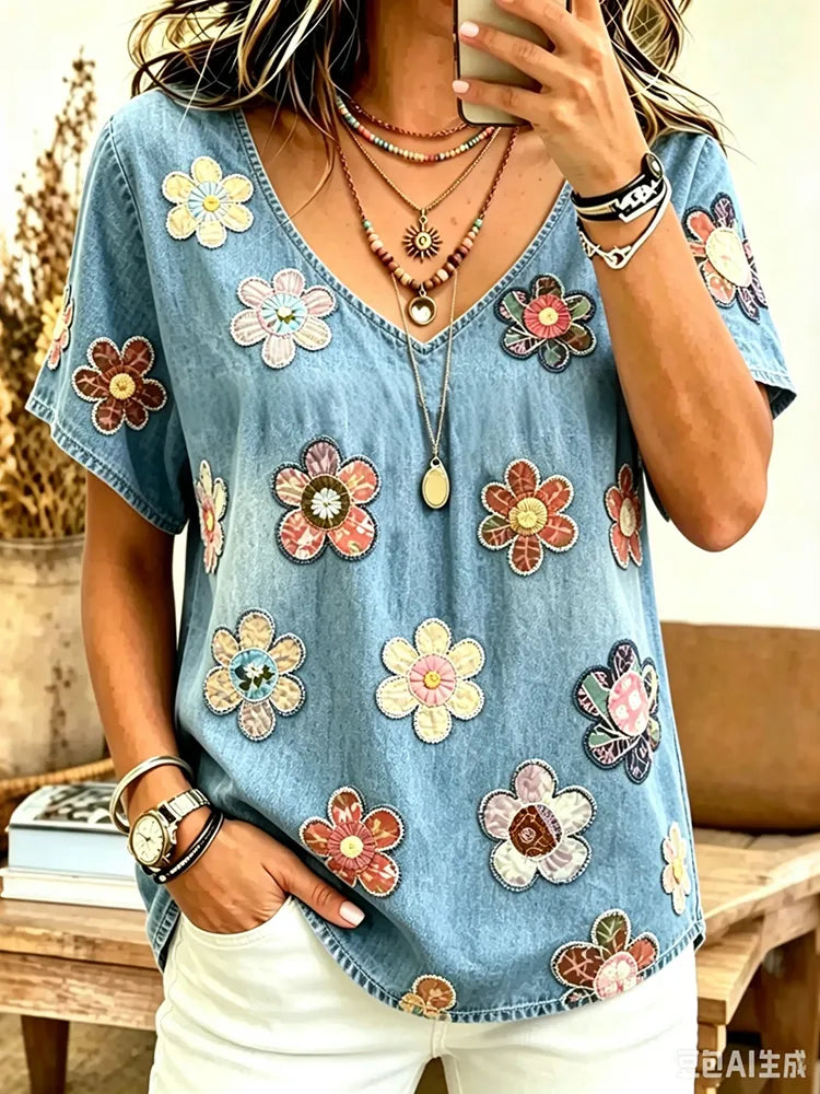 Top fluido boho vintage con estampado floral artístico de lino