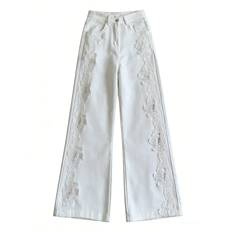 Vaqueros Vintage Bohemios De Mezclilla Lavada Con Paneles De Encaje Y Efecto Desgastado
