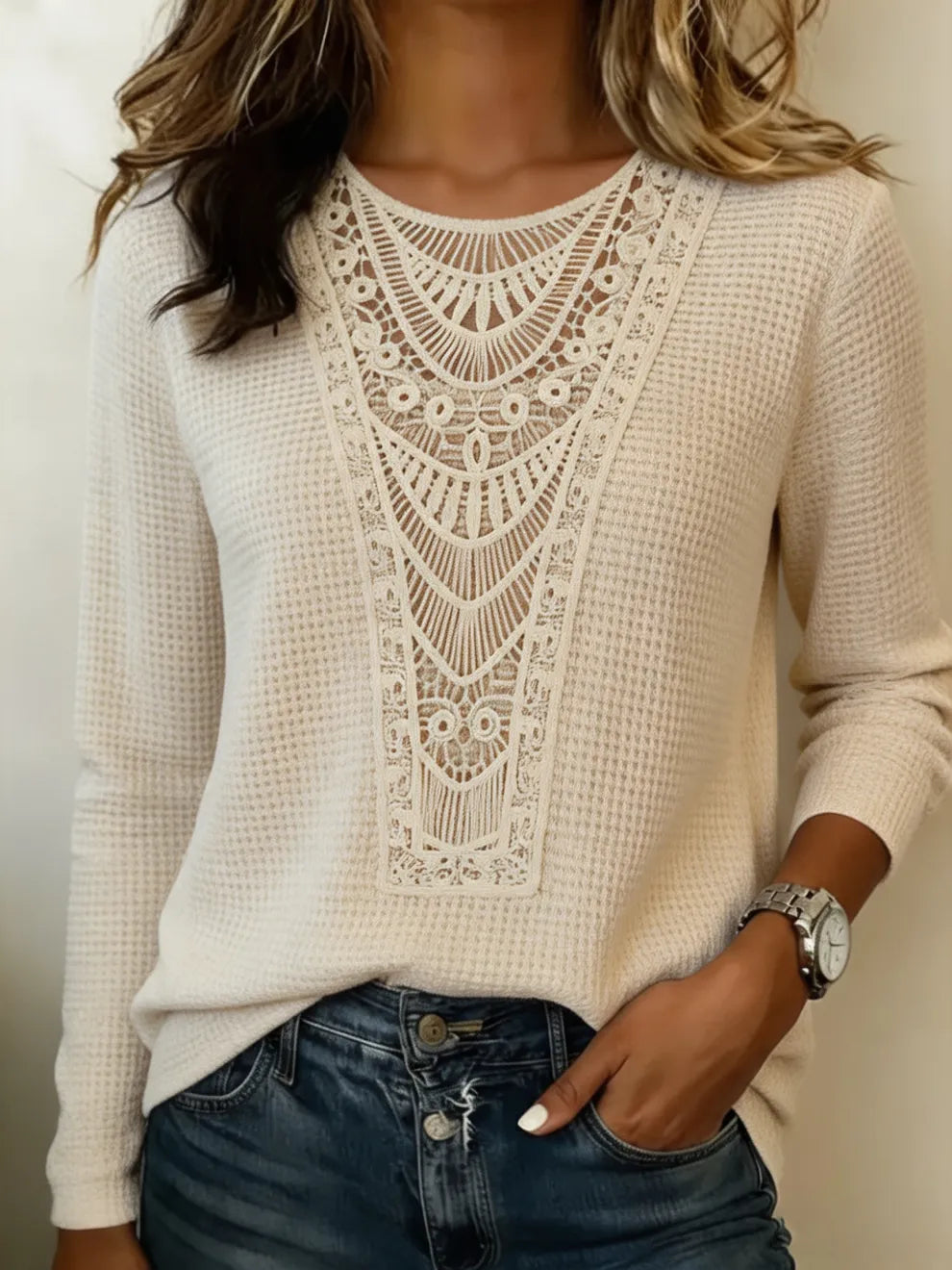 Top De Punto Gofrado Calado Con Encaje De Ganchillo Estilo Boho Para Mujer