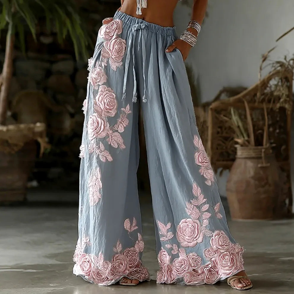 PANTALONES CASUALES DE LINO RETRO CON BORDADO FLORAL PARA MUJER
