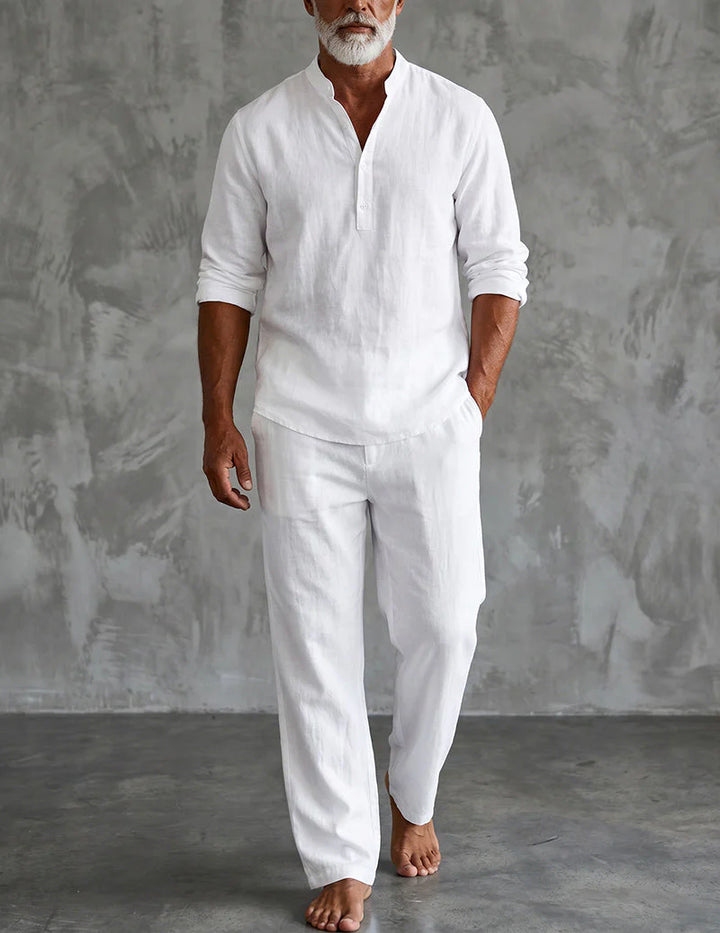 Conjunto Henley De Lino Para Hombre Con Pantalones Relajados