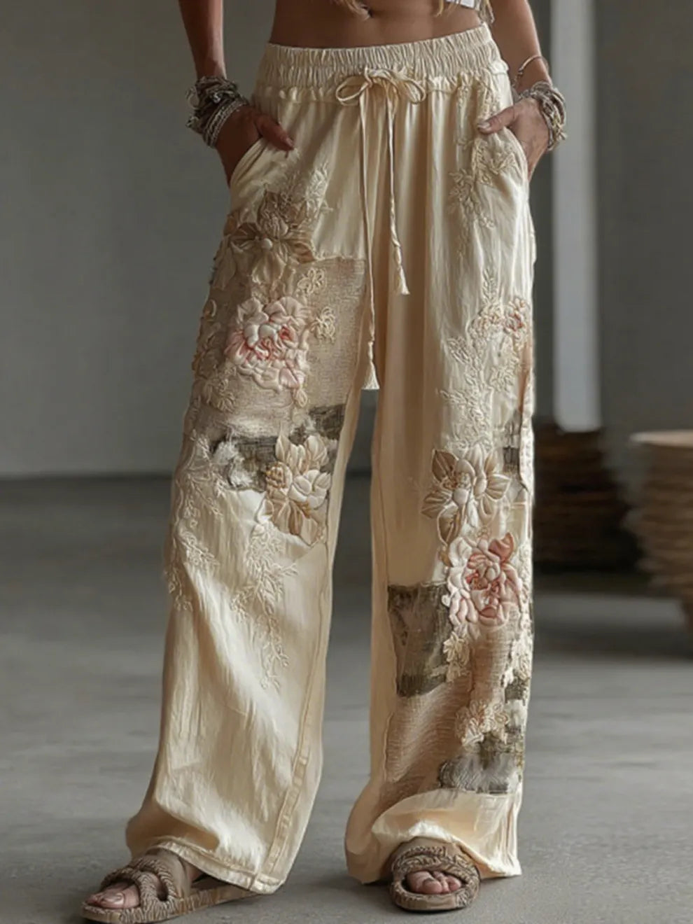 PANTALONES CASUALES DE LINO RETRO CON PATCHWORK FLORAL PARA MUJER