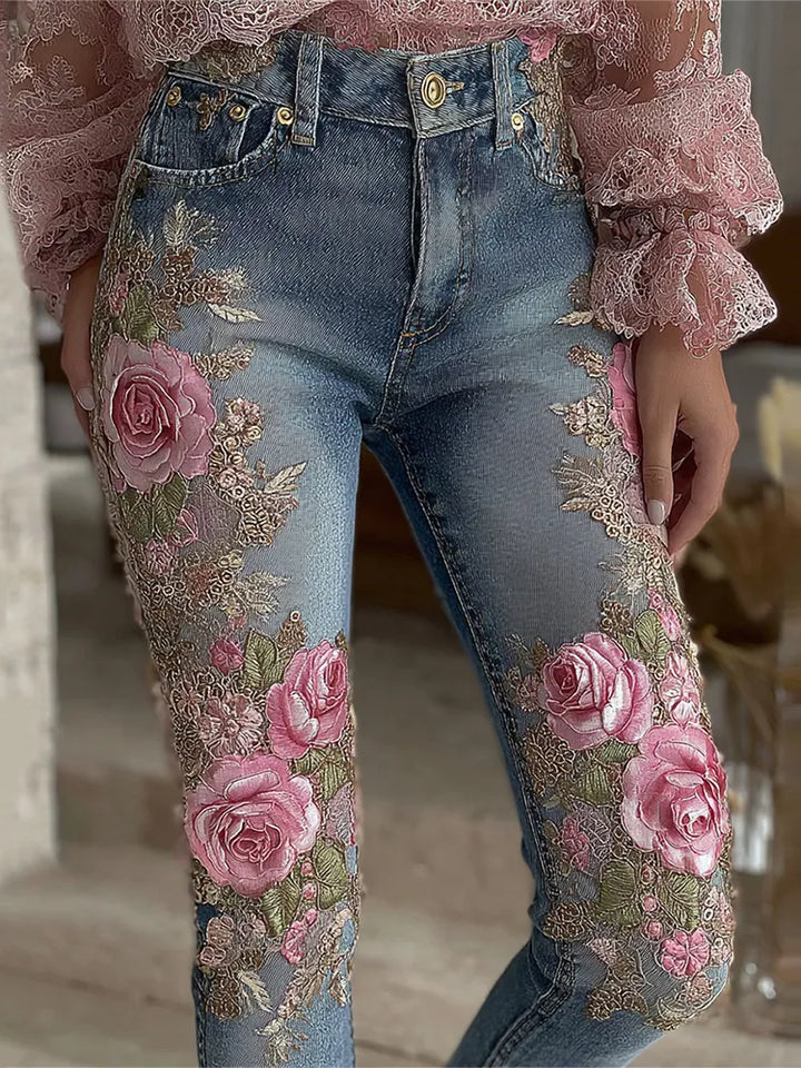 Jeans Casuales Vintage Con Bordado Floral De Rosas Y Diseño Degradado