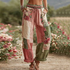 PANTALONES DE LINO RETRO CON PATCHWORK DE ROSAS Y FLORES COLECCIÓN LOVE & HEALTH