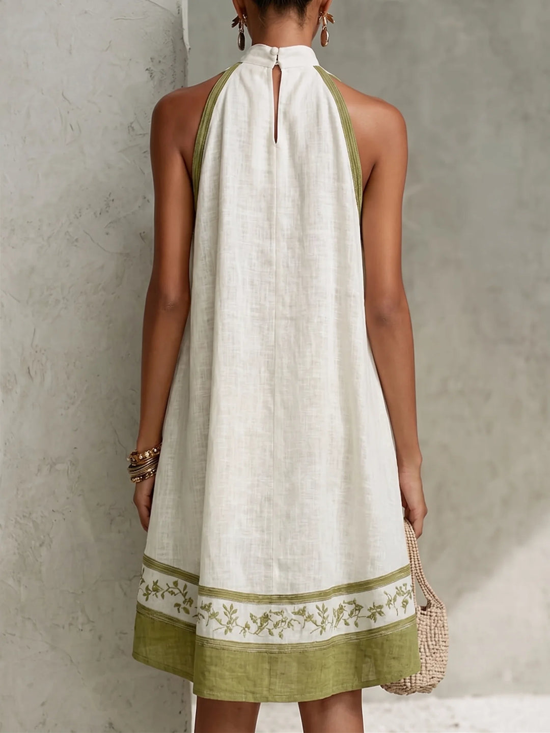 Agathe | Short White and Green Trapeze Dress