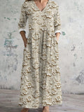 Vestido Largo Cómodo de Lino con Arte Floral Vintage