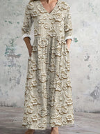 Vestido Largo Cómodo de Lino con Arte Floral Vintage