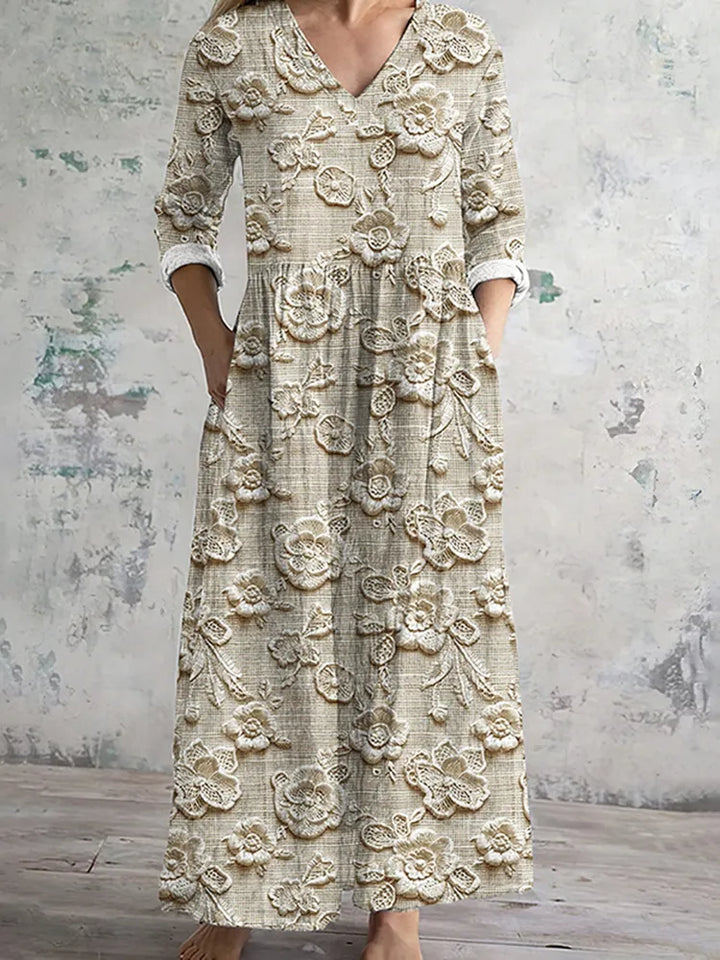 Vestido Comprido Confortável de Linho com Arte Floral Vintage