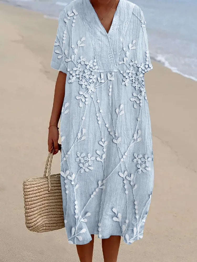 Vestido Elegante de Mezcla de Lino con Encaje Floral Bordado y Escote en V