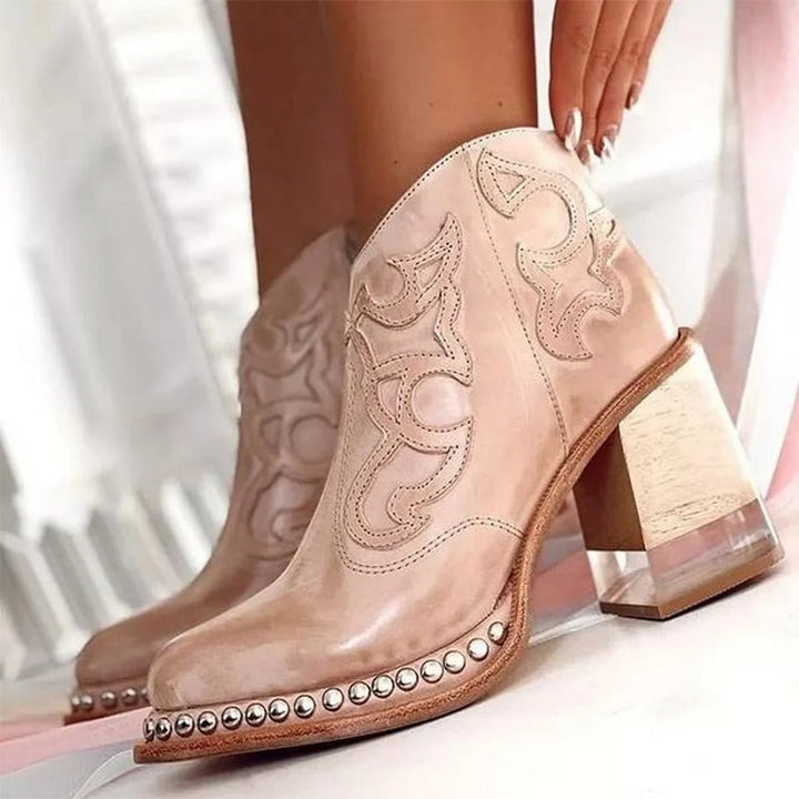 Vera | Botas Cowboy Mujer Tacón Bloque Bordado Y Tachuelas