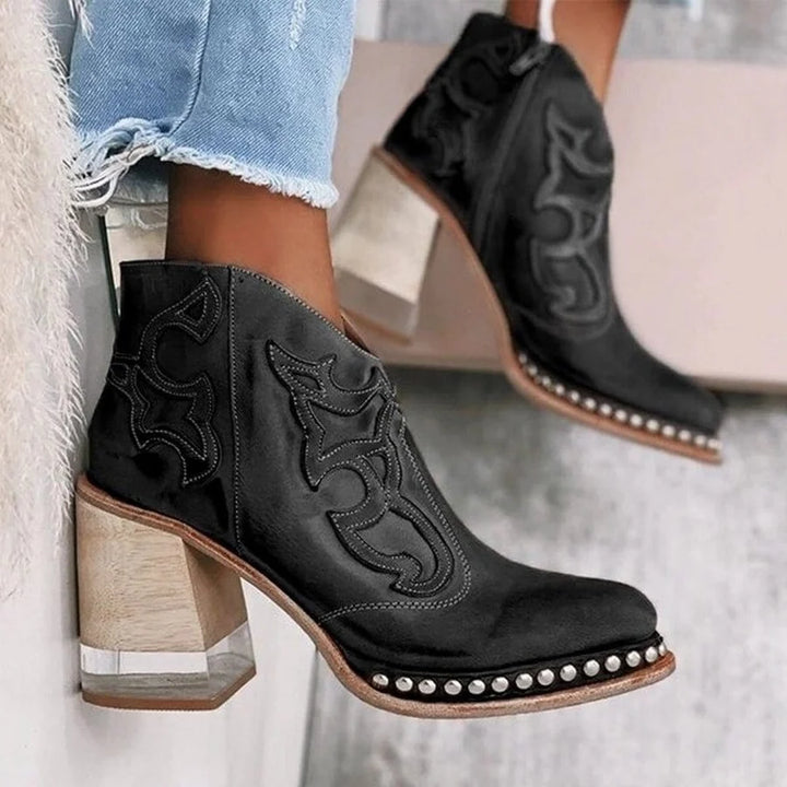 Vera | Botas Cowboy Mujer Tacón Bloque Bordado Y Tachuelas