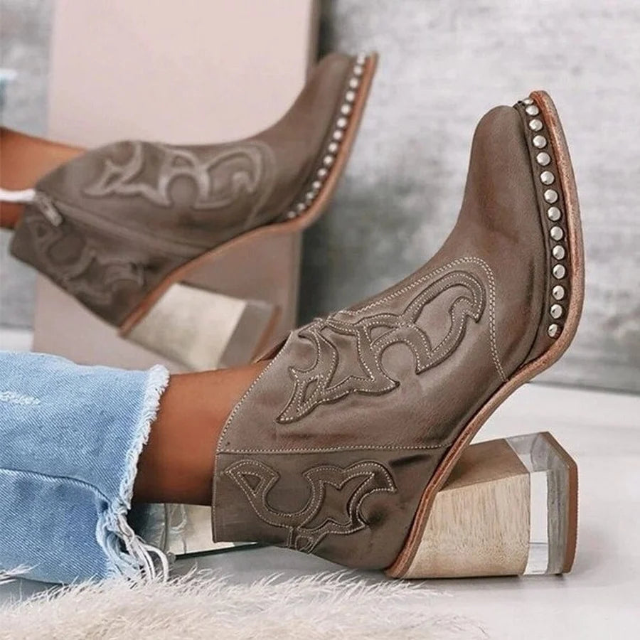 Vera | Botas Cowboy Mujer Tacón Bloque Bordado Y Tachuelas