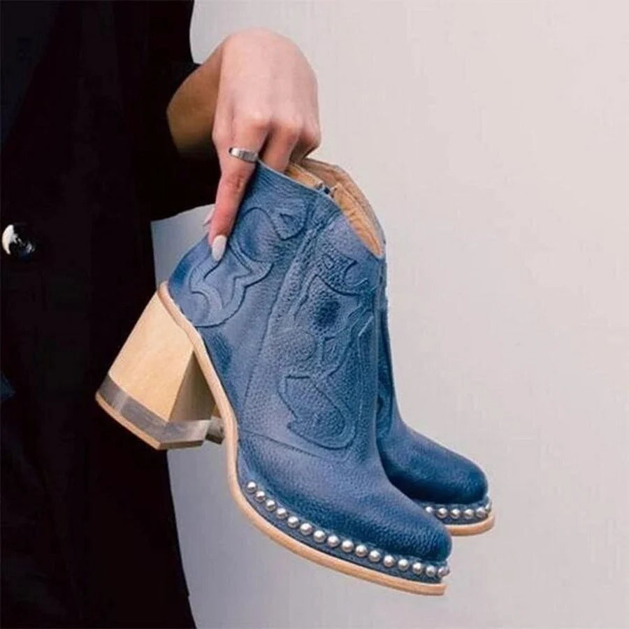 Vera | Botas Cowboy Mujer Tacón Bloque Bordado Y Tachuelas