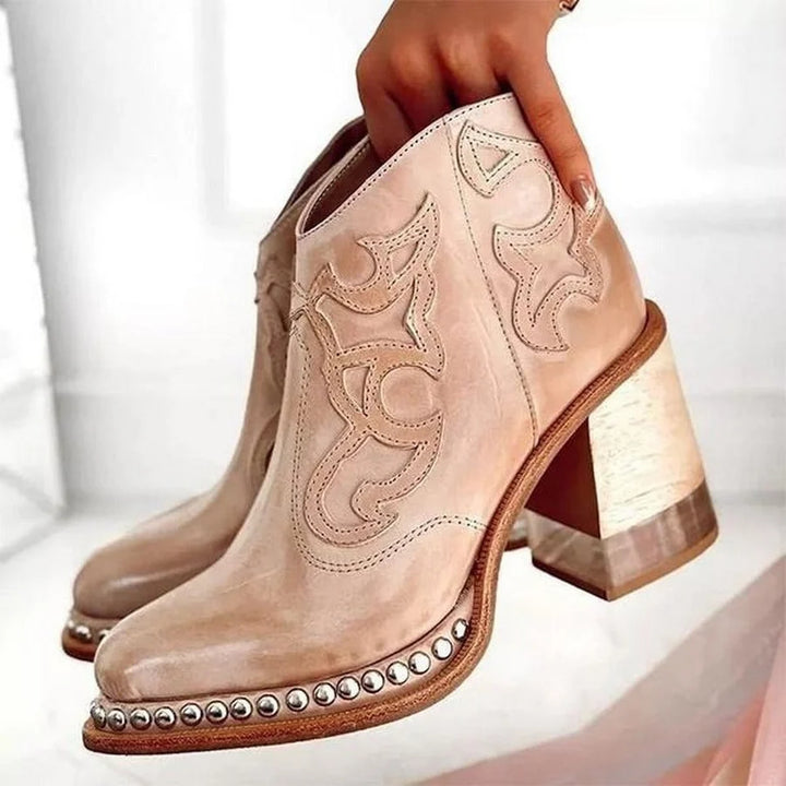 Vera | Botas Cowboy Mujer Tacón Bloque Bordado Y Tachuelas