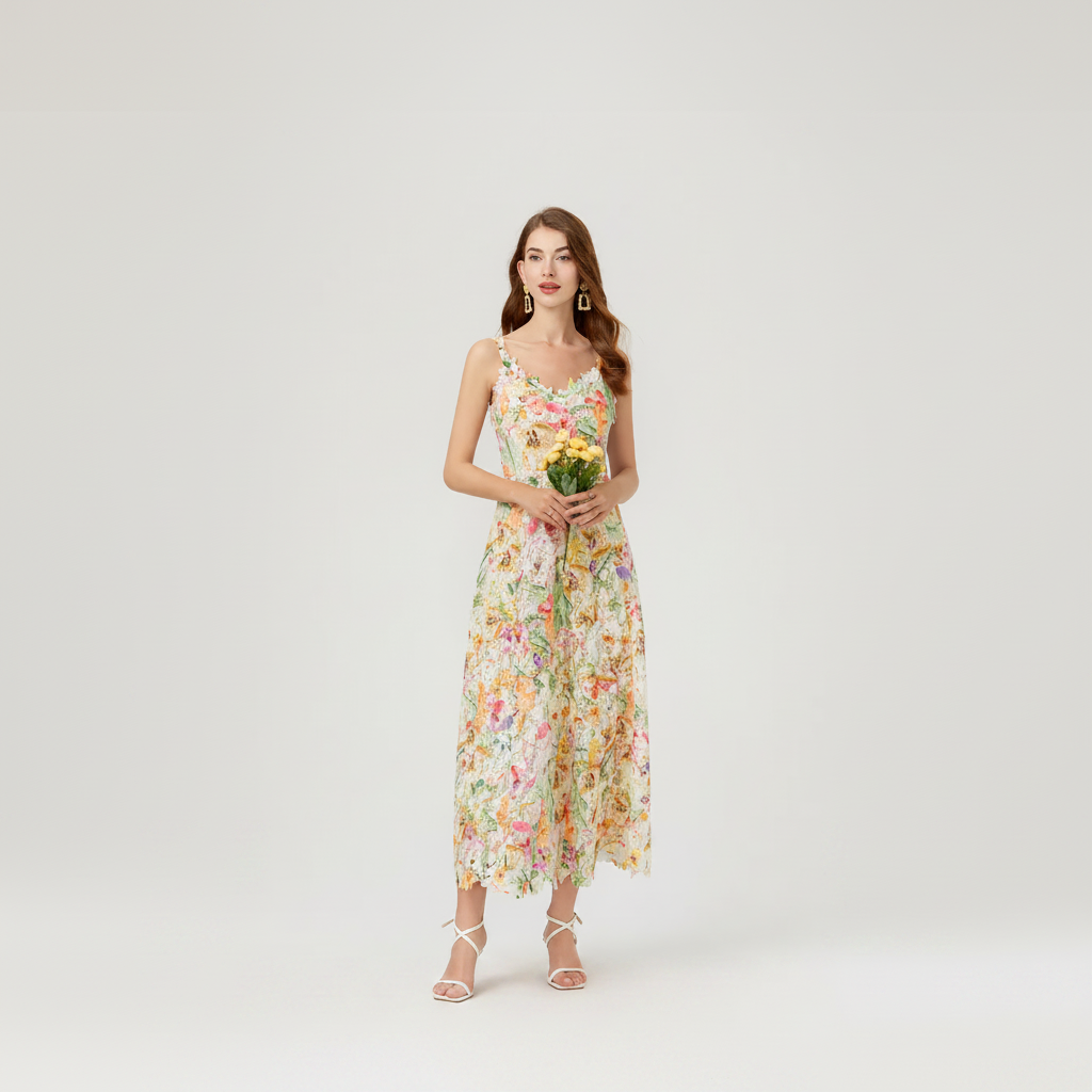 Vestido maxi cami boho floral con encaje y tirantes finos k26060801