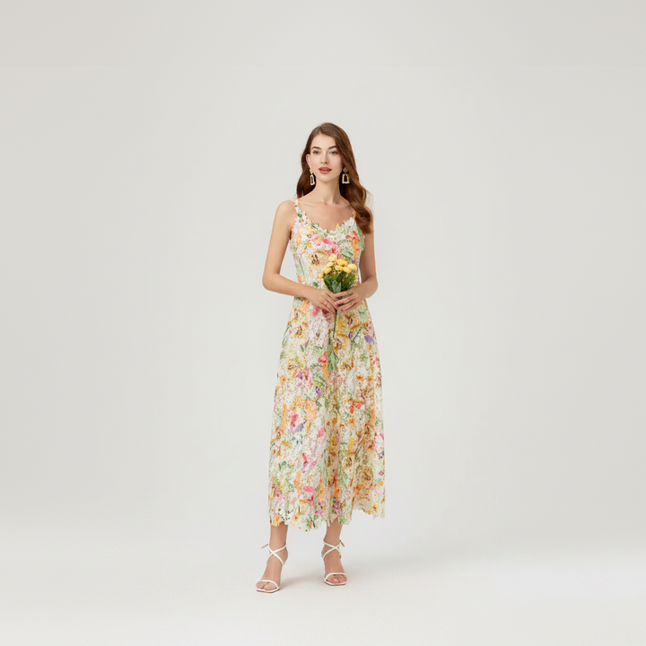 Vestido Maxi Boho Floral Com Renda e Alças Finas