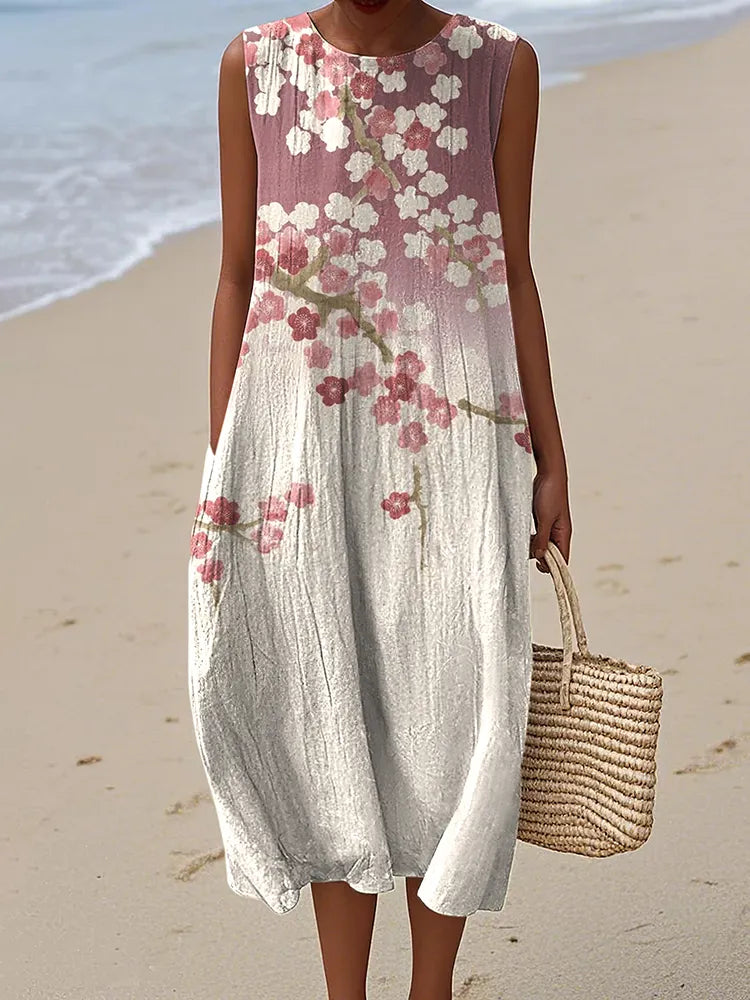 - VESTIDO MIDI LINO FLOR CEREZO DEGRADADO VINTAGE