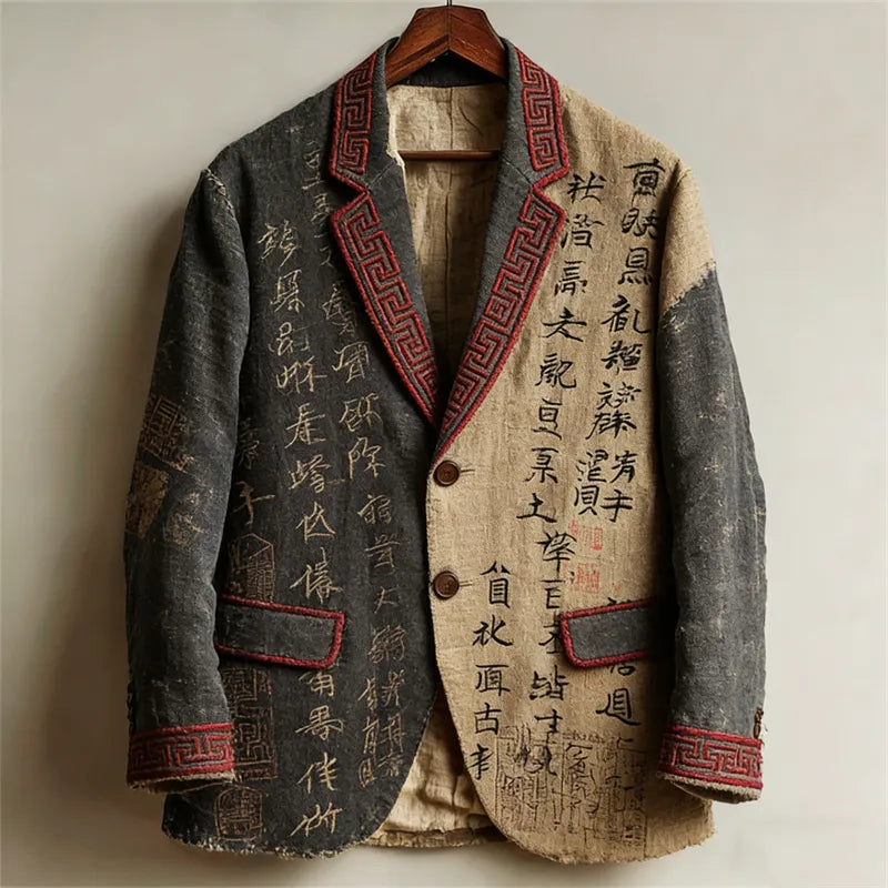 Blazer de lino vintage con caligrafía japonesa - contraste