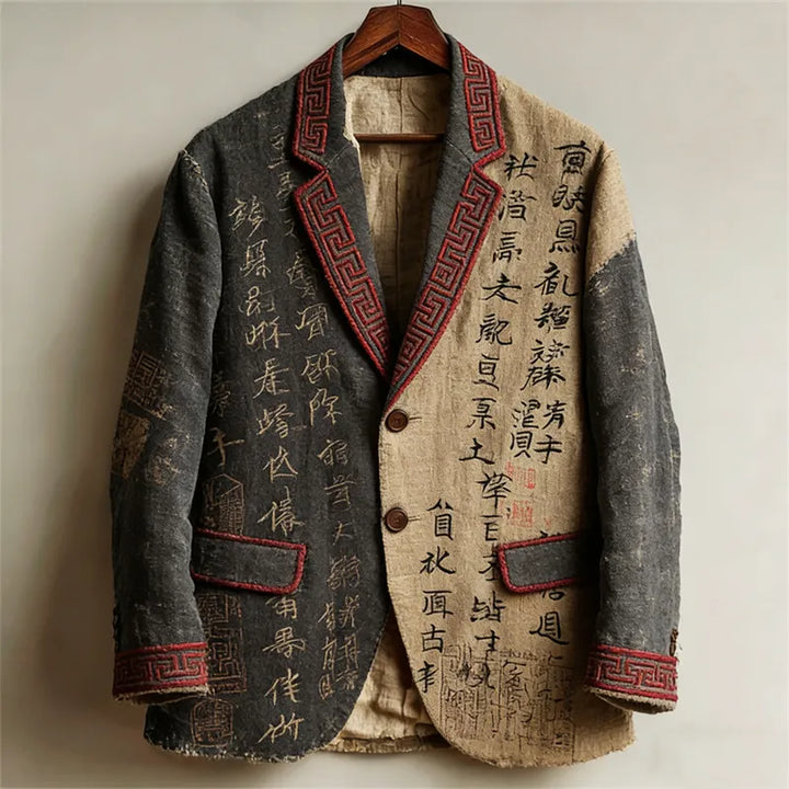 Blazer de Linho Vintage com Caligrafia Japonesa - Contraste