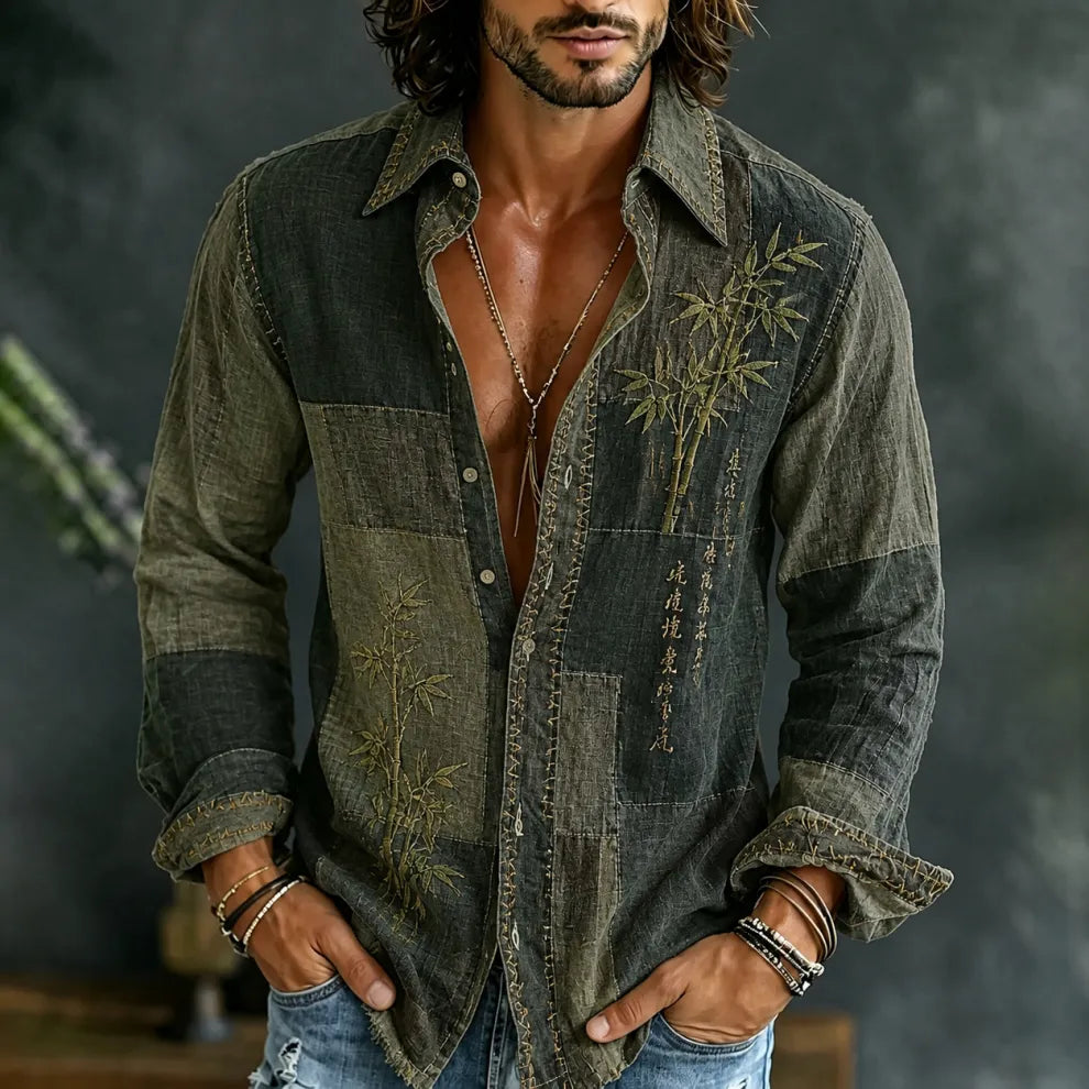 CAMISA CASUAL DE ALGODÓN y LINO DE MANGA LARGA CON BORDADO DE BAMBÚ y PATCHWORK