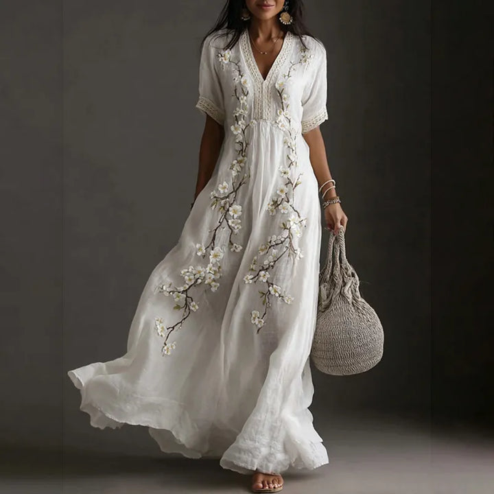 Vestido Maxi De Lino Con Bordado Artístico De Flor De Ciruelo Japonés