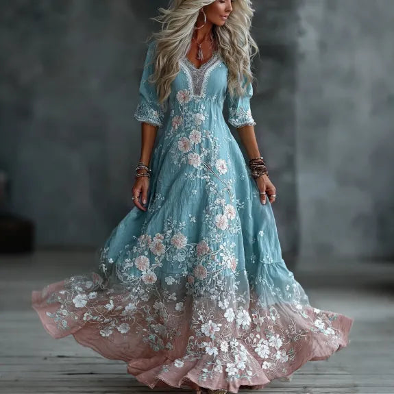 Vestido Maxi Casual Bohemio con Bordado Floral de Rosa Vintage