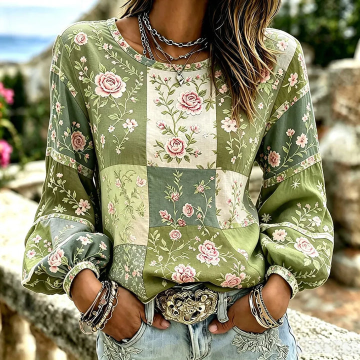 Top Lino Vintage Patchwork Floral Rosa - Cuello Redondo Manga Larga