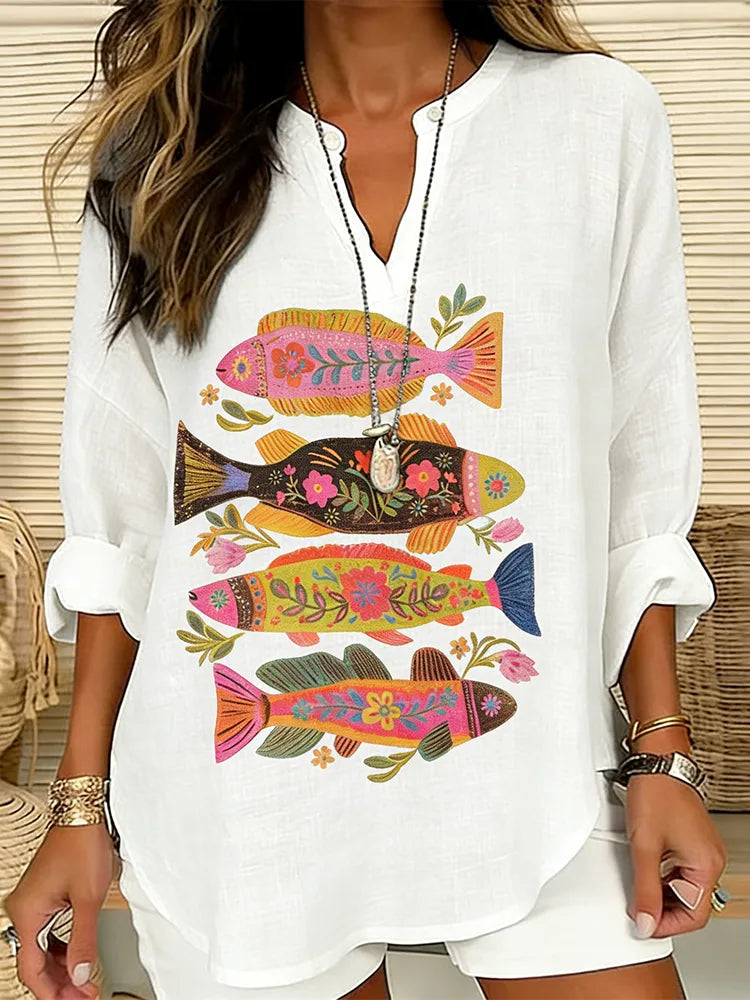 CAMISA DE MEZCLA DE LINO VINTAGE CON ESTAMPADO ÉTNICO FLORAL y DE PECES