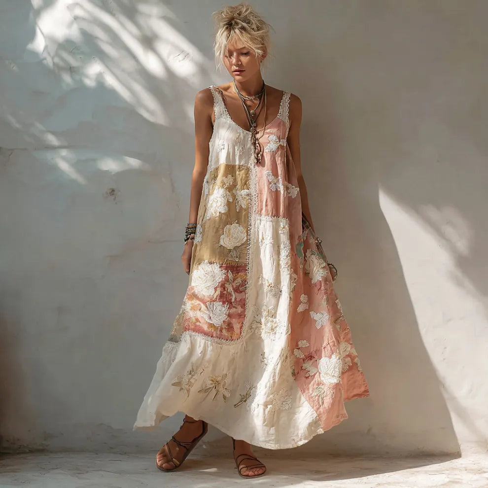 VESTIDO CASUAL SIN MANGAS CON FLORES BLANCAS y BLOQUES DE COLOR