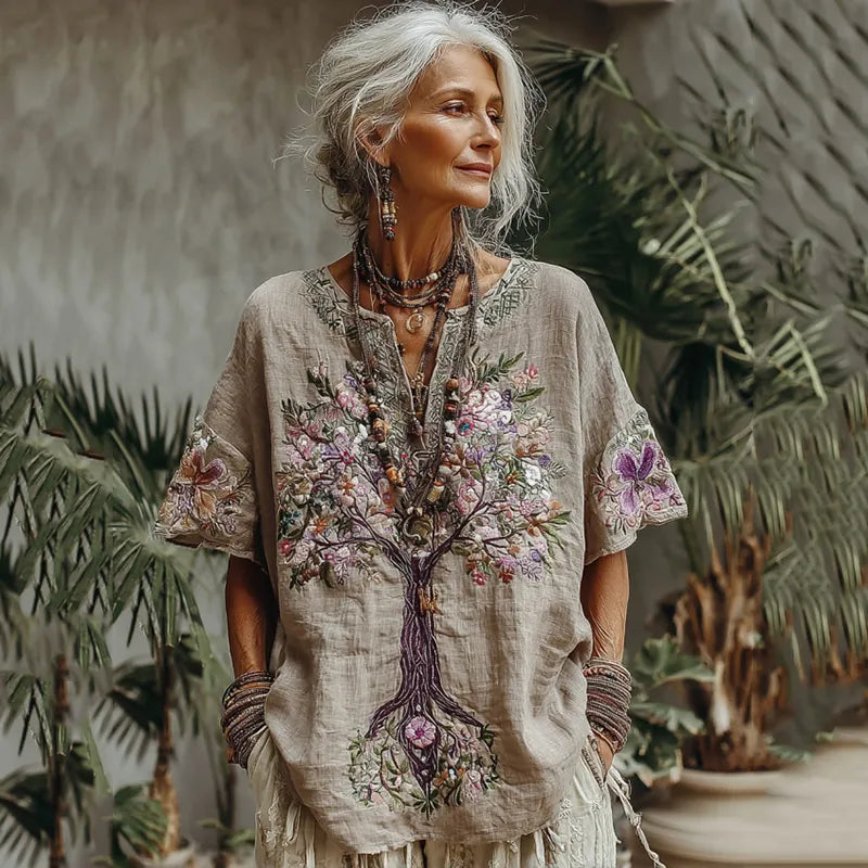 Camisa cómoda con estampado floral árbol de la vida para mujer