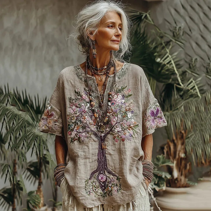 T-shirt Confortável Estampado Floral Árvore da Vida para Mulher