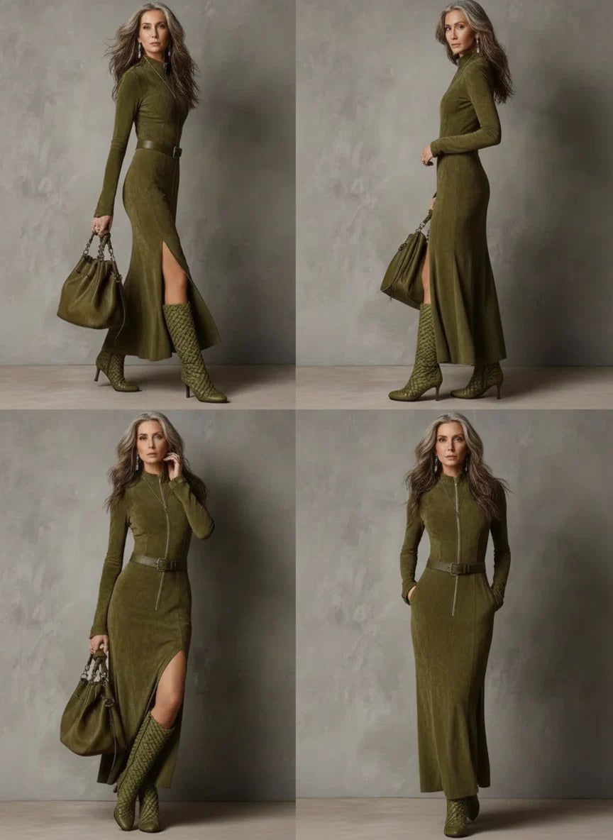 Aurelia | High-Neck Slit Suede Maxi Dress