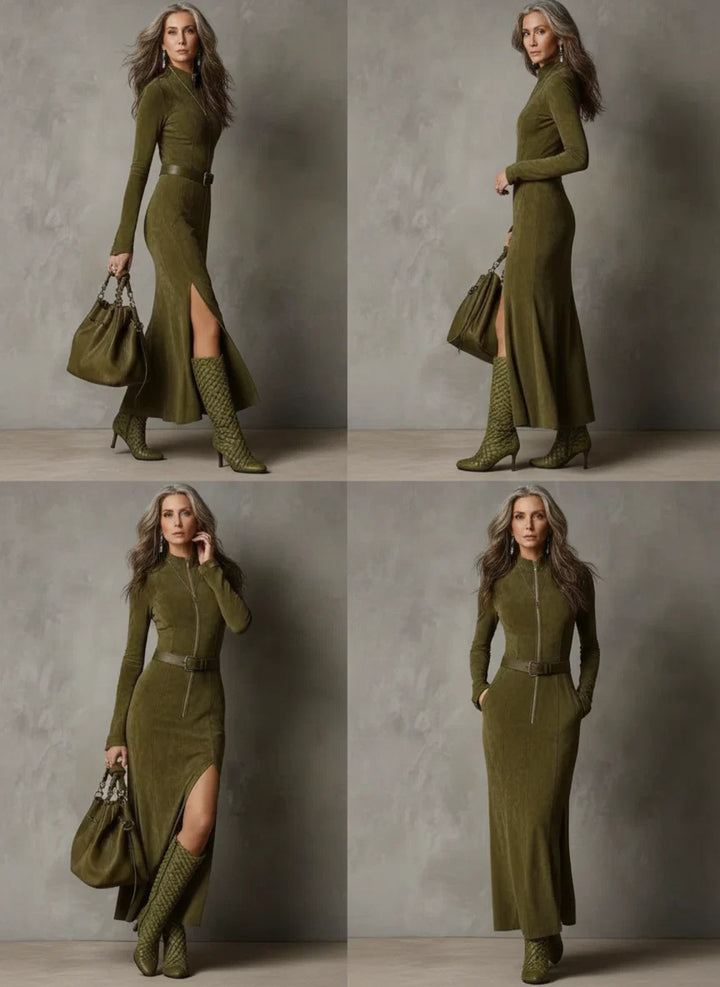 Aurelia | High-Neck Slit Suede Maxi Dress