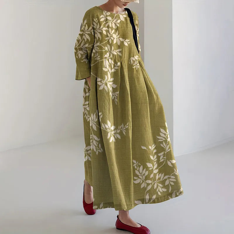 Vestido Midi Casual de Manga Larga con Estampado Floral de Arte Japonés