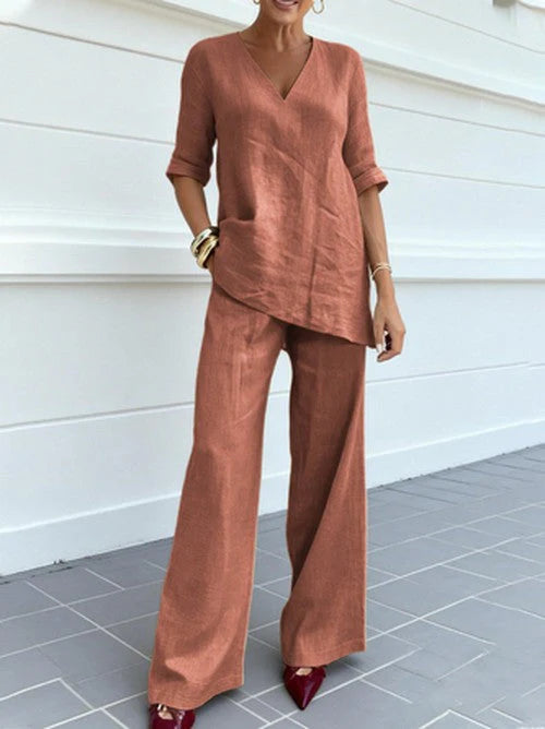 Inés - Conjunto Femenino De Túnica Con Escote En V Y Pantalón De Pierna Ancha