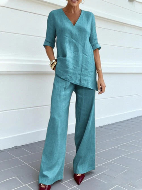 Inés - Conjunto Femenino De Túnica Con Escote En V Y Pantalón De Pierna Ancha