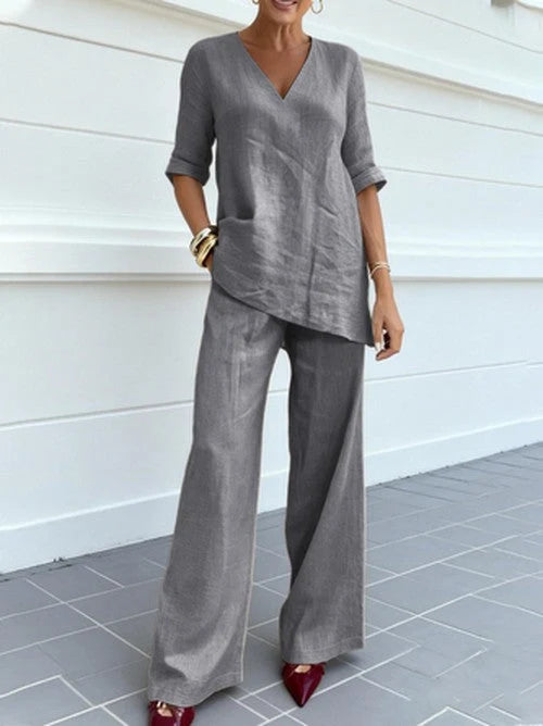 Inés - Conjunto Femenino De Túnica Con Escote En V Y Pantalón De Pierna Ancha