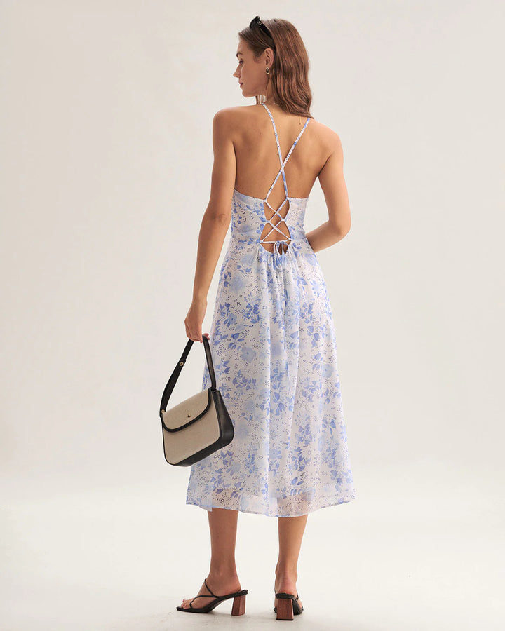 Clarisa - Vestido Midi Azul Floral