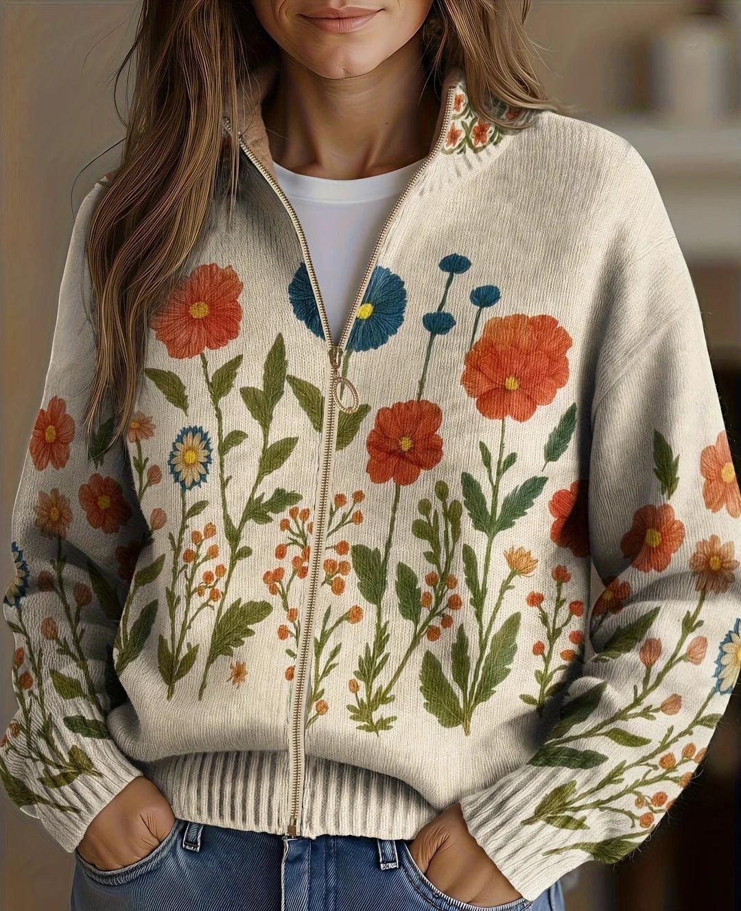 Wrenna | Women's Floral Pattern Zip-Up Cardigan with Pockets