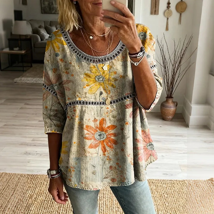 Top Boho Floral Vintage Lino