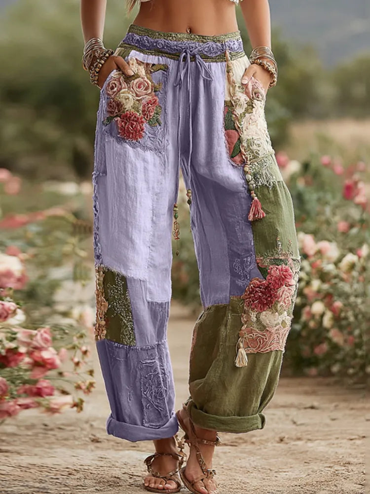PANTALONES DE LINO RETRO CON PATCHWORK DE ROSAS Y FLORES COLECCIÓN LOVE & HEALTH