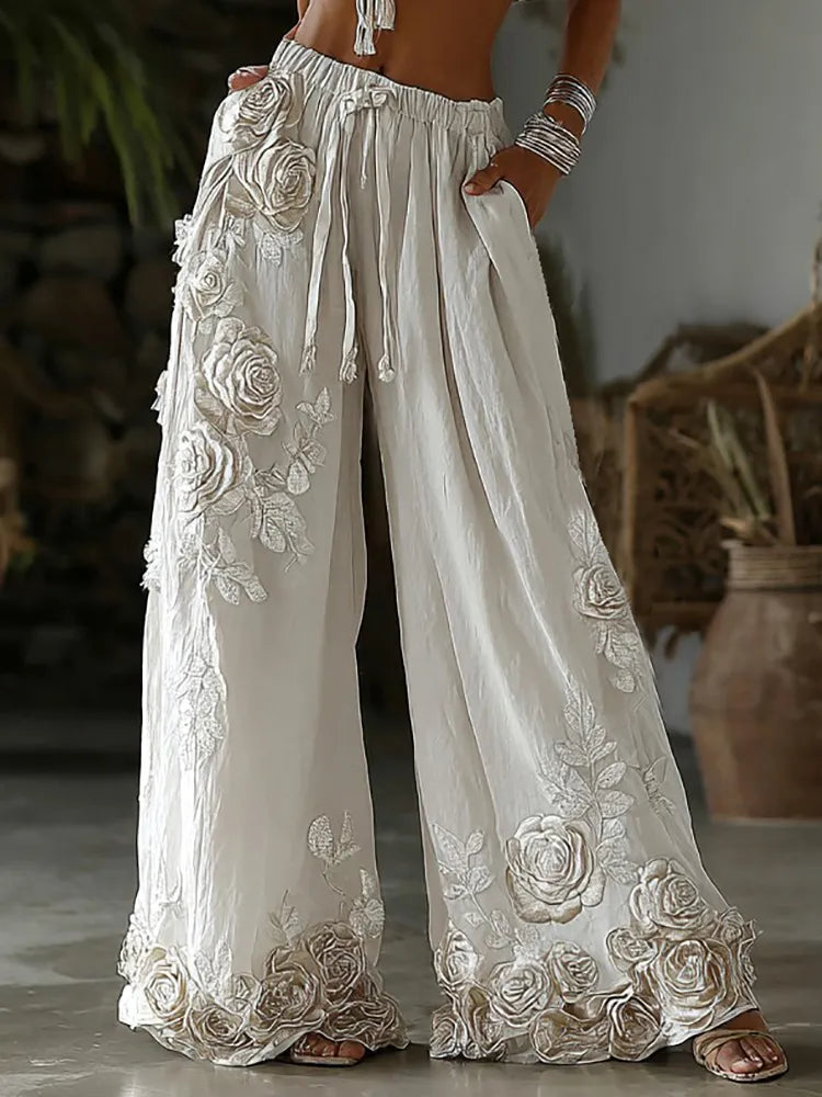 PANTALONES CASUALES DE LINO RETRO CON BORDADO FLORAL PARA MUJER