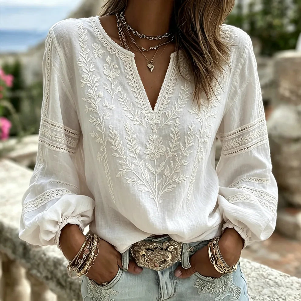 Top Casual Vintage de Manga Larga con Bordado de Flor de Cerezo y Encaje