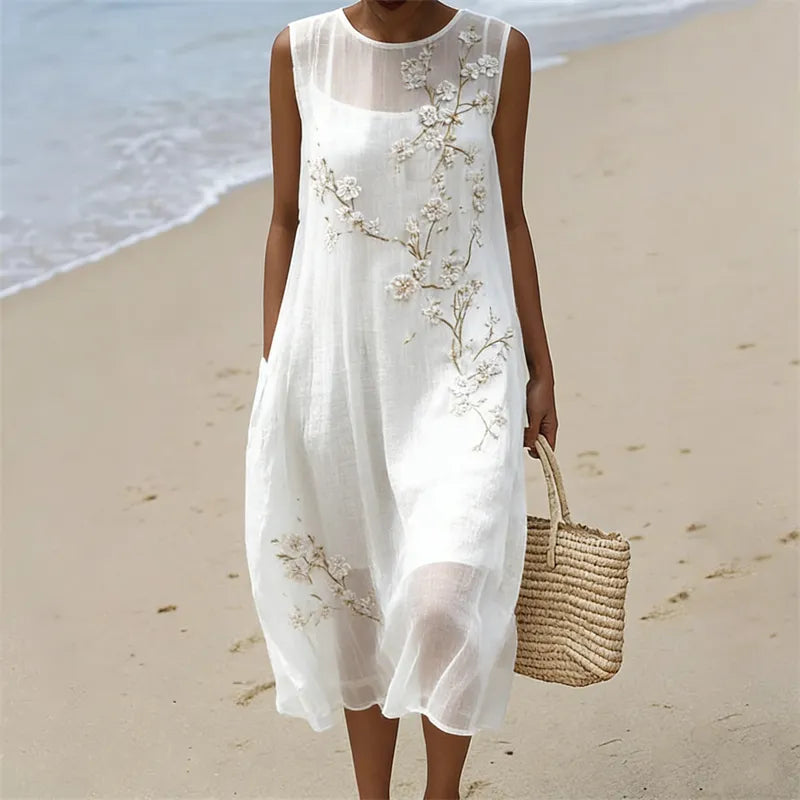 Vestido tank de lino fluido con estampado de almendro en flor