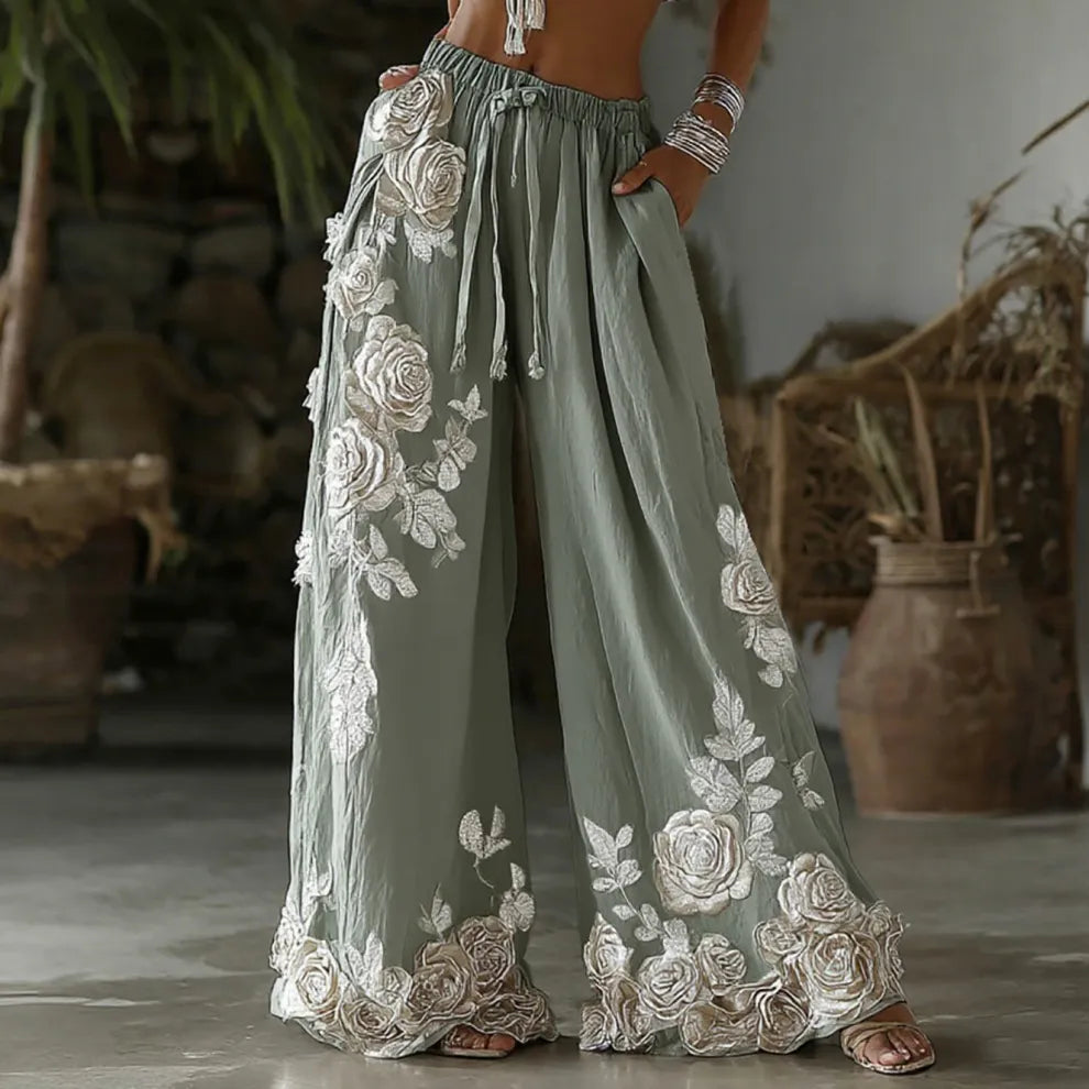 PANTALONES CASUALES DE LINO RETRO CON BORDADO FLORAL PARA MUJER