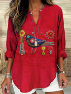 - CAMISA CUELLO V BORDADO FLORAL Y PÁJAROS