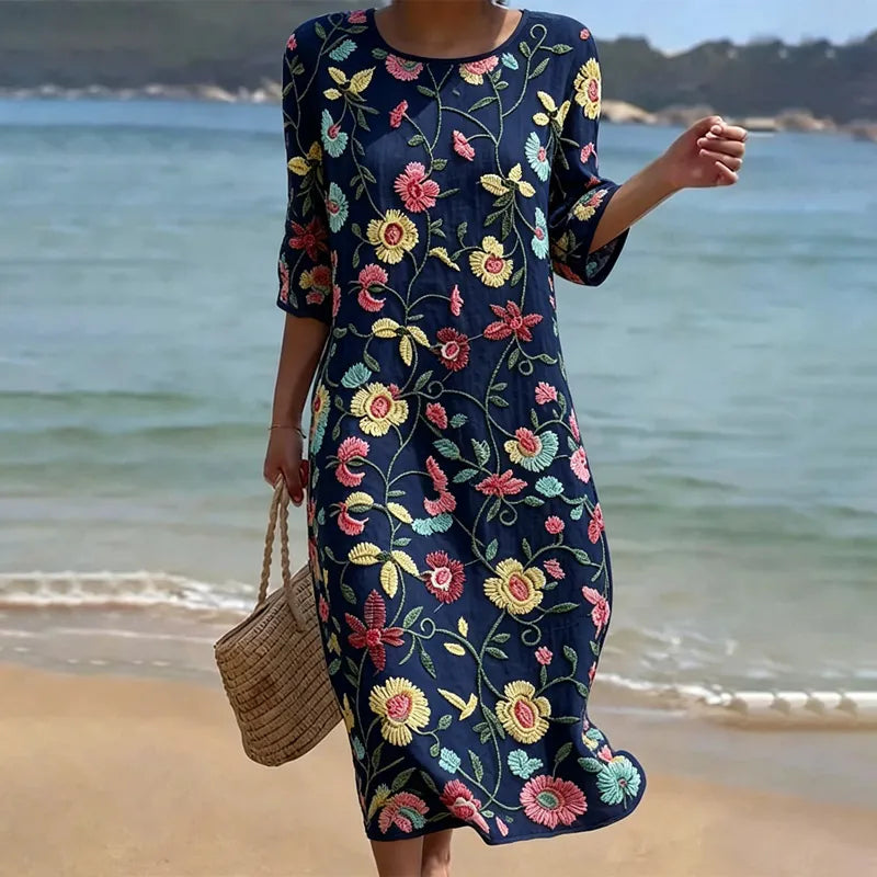 Vestido Vintage Suelto de Manga 3/4 con Estampado Floral en Mezcla de Lino