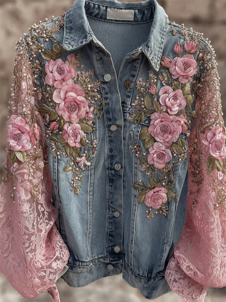 Chaqueta Vaquera Bordada Flores Rosas Glitter