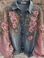 - CHAQUETA VAQUERA BORDADA FLORES ROSAS GLITTER