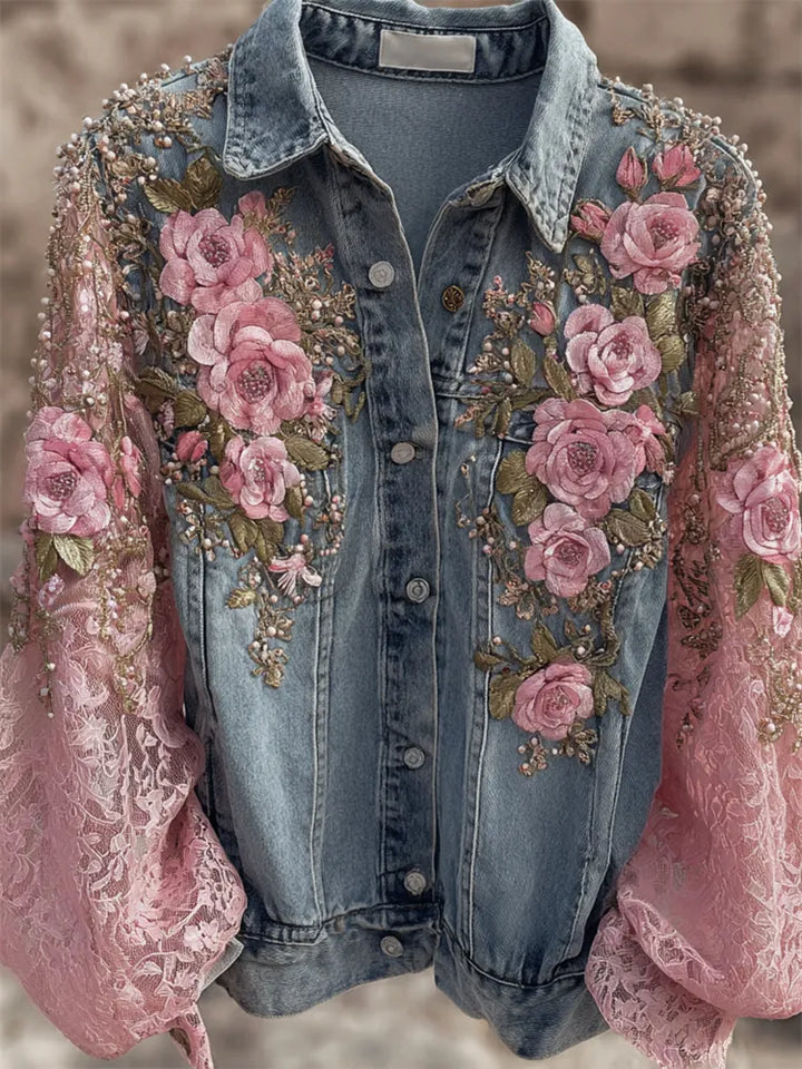Chaqueta Vaquera Bordada Flores Rosas Glitter